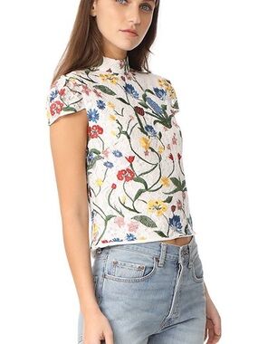 Alice + Olivia White Floral Embroidered Cap-Sleeve Top